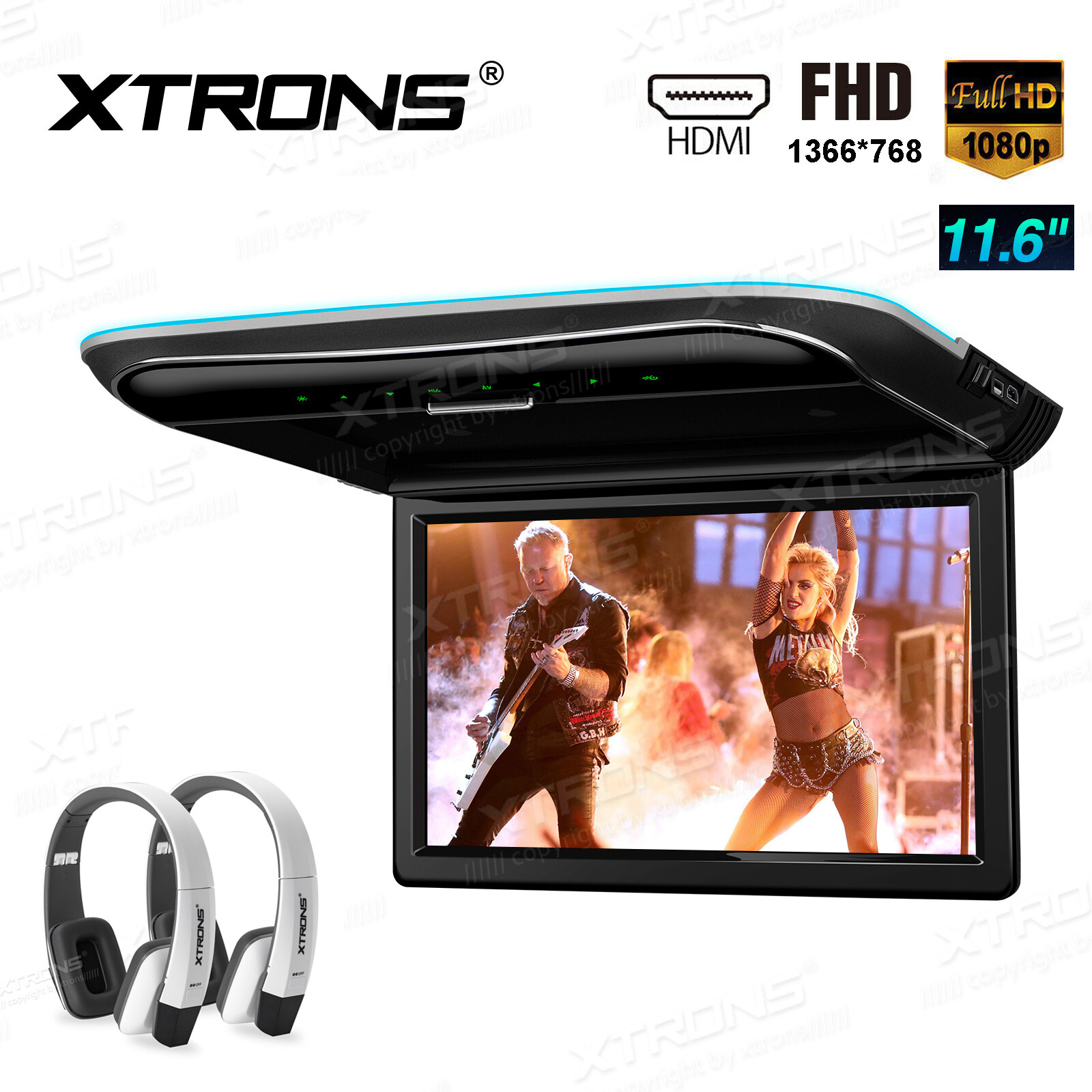 11.6" Screen Car TV Roof Flip Down Monitor Video Player HDMI USB +2X Headphones