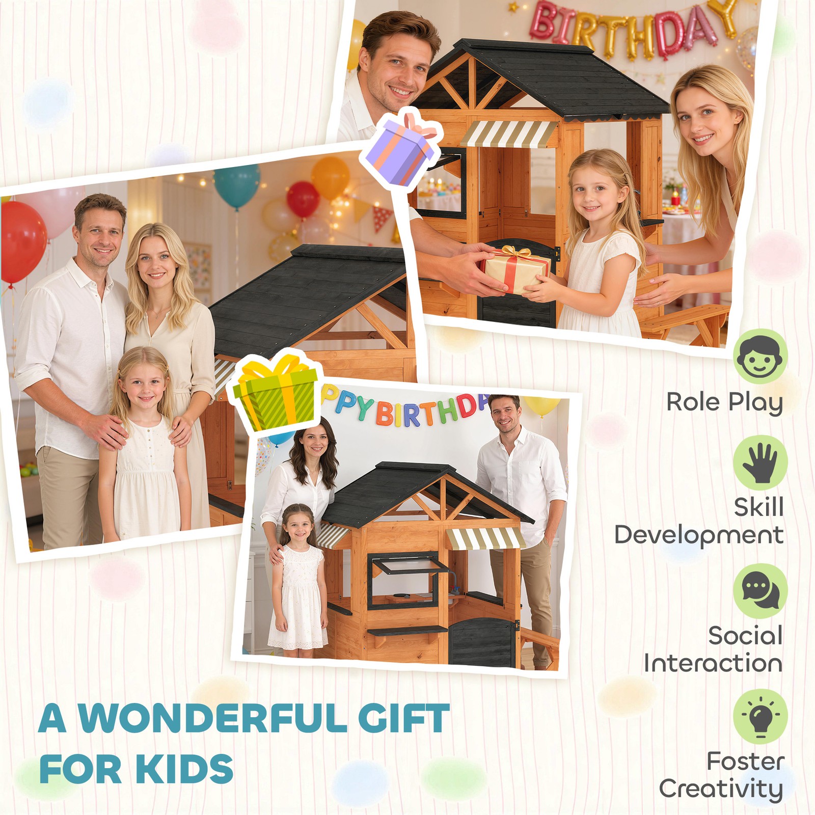 Qaba Outdoor Playhouse, Wooden Kids Playhouse with Play Kitchen and Bench