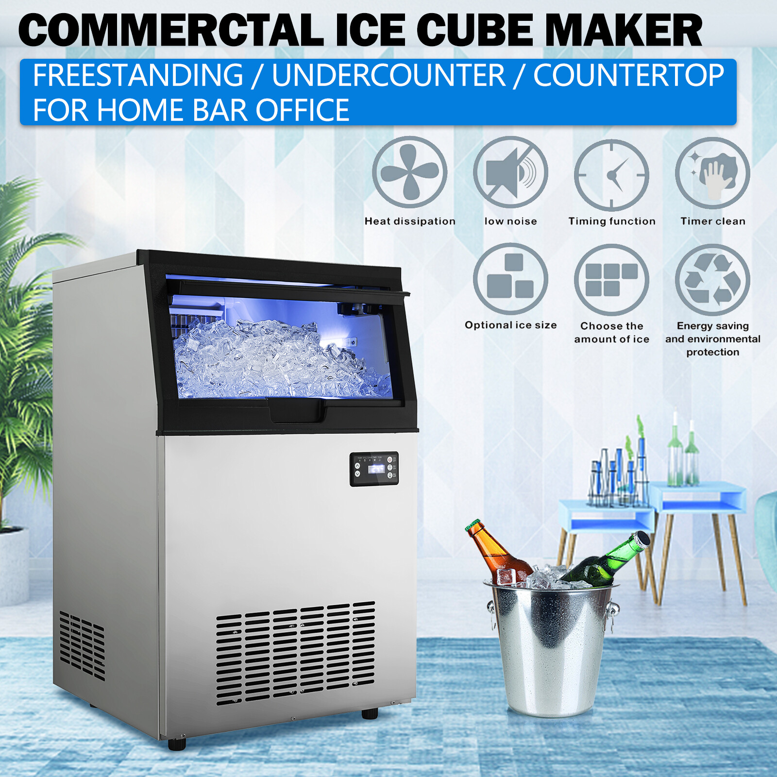 132Lbs Commercial Ice Maker Built-in Ice Cube Machine 33Lbs Storage Undercounter