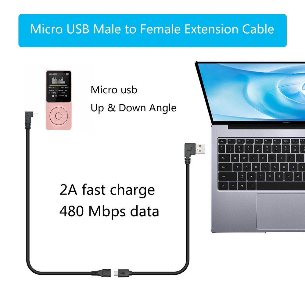 Short Micro USB Extension Cable 9inch, 90 Degree Up & Down Angle Black