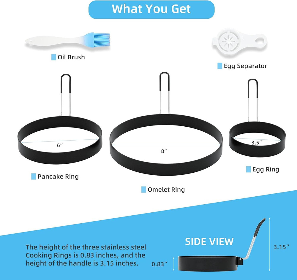 8" Omelet Ring, 6" Pancake Ring, 3.5" Egg Ring for Griddle Frying Eggs (Upgrade