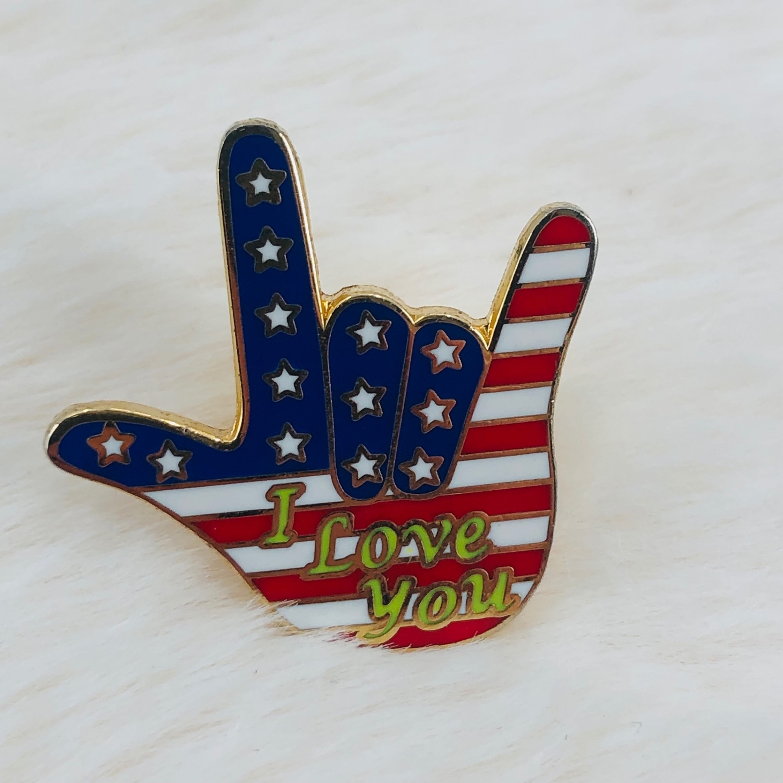 I love You USA Flag Sign Language Patriotic Enamel Lapel Pin