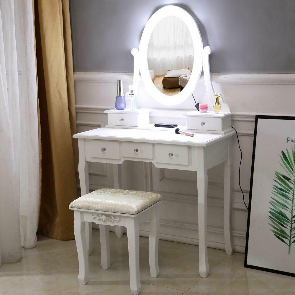 LED Makeup Vanity Table Set with 10 Lights Mirror and 5 Drawers Dressing Desk