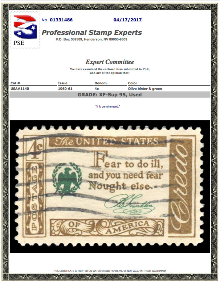 #1140 Used, PSE Graded 95, Cert # 01331486