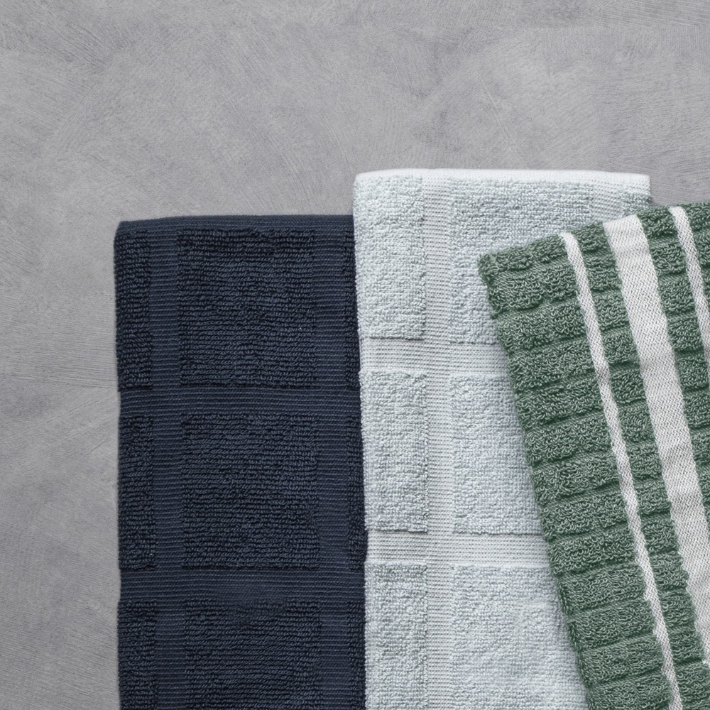 Kitchen Towels, Navy, Green, & White, 5 Pack Set