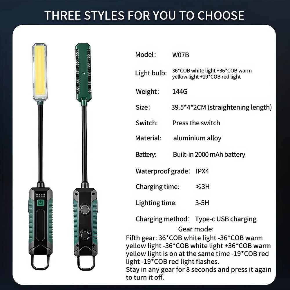 LED Work Light with Flexible Gooseneck Rechargeable Flashlight for Repairs