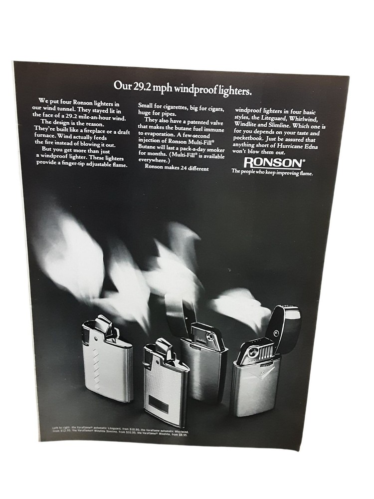 Vintage 1968 Ronson Lighter Advertisement Black White