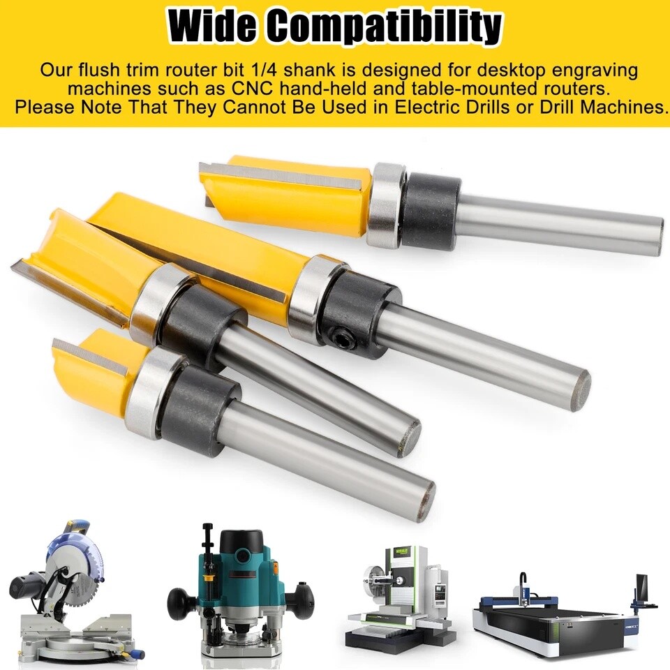 4Pcs 1/4'' Shank Top Bearing Flush Trim Carbide Router Bit Set Milling Cutter US
