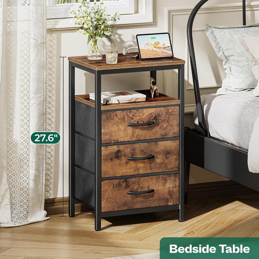 Stylish Bedside Table with Charging Outlet & Ample Storage - Rustic Brown Finish