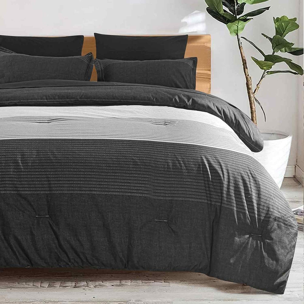 Faincy King Comforter Set, Grey & Black Patchwork Stripe Pattern Print Reversibl