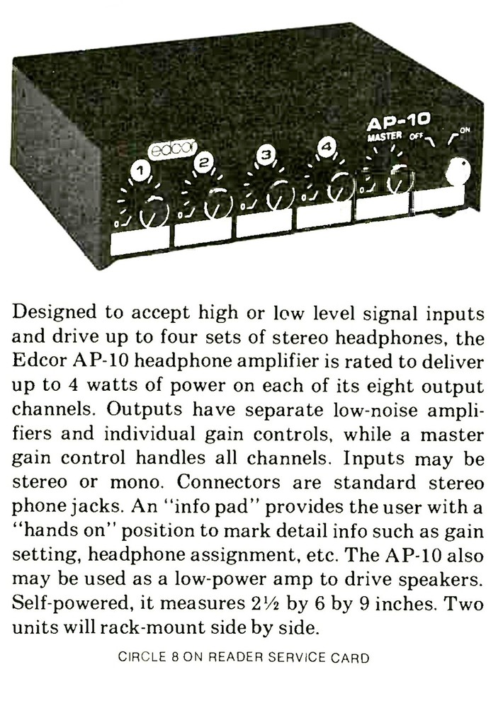 Vintage 4 Channel Stereo Headphone Amplifier EDCOR AP 10 Solid State Amp Tested
