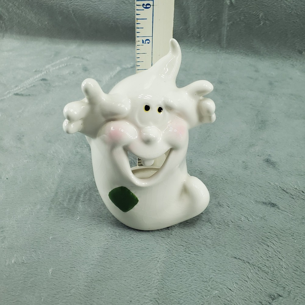 Ghost Tealight Candle Holder Green Patch Glossy White Ceramic Blushing