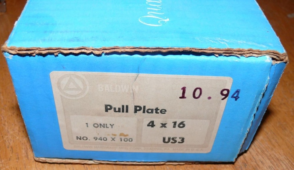 Vintage New open box Baldwin Brass 4" x 16" Solid Brass Pull Plate with hardware