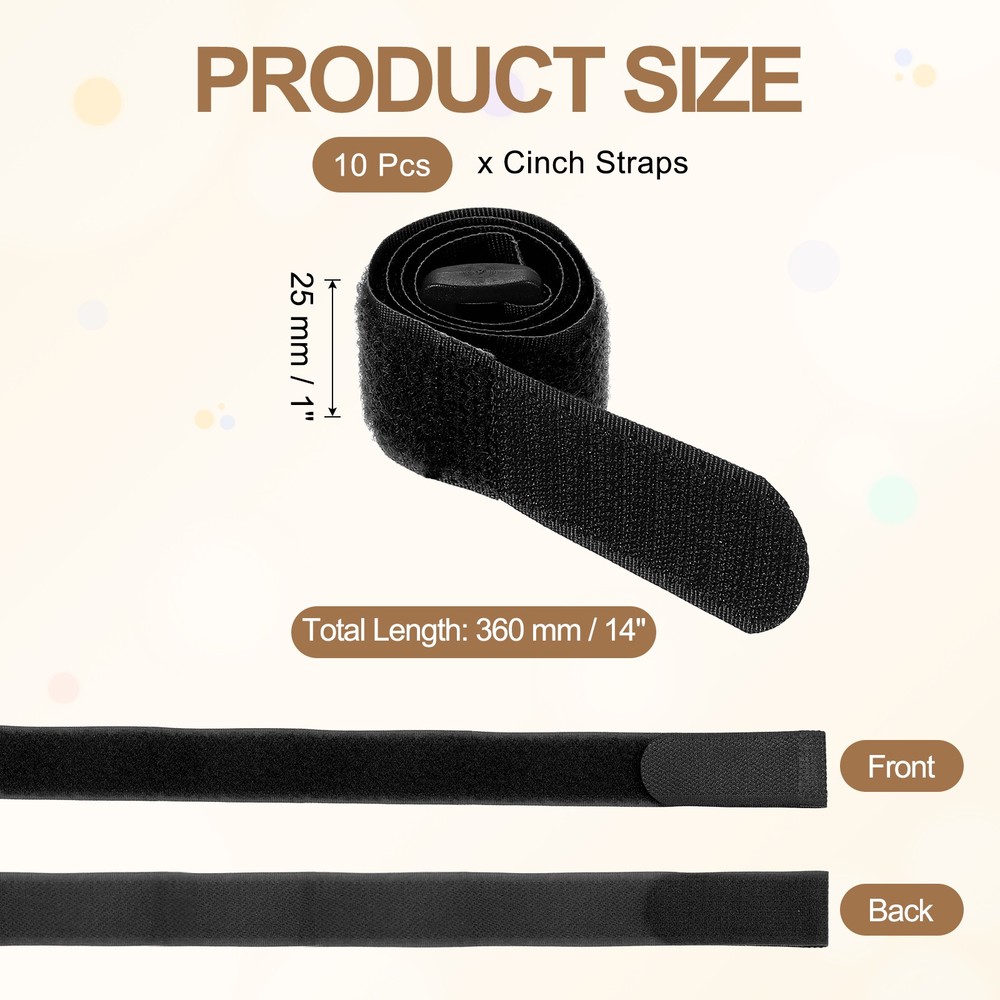 10pcs Reusable Cinch Straps 1"x14" Hook and Loop Cable Securing Straps, Black
