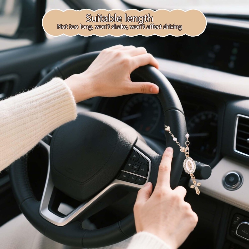 Steering Wheel Rosary Charm, Accessory with Small, White