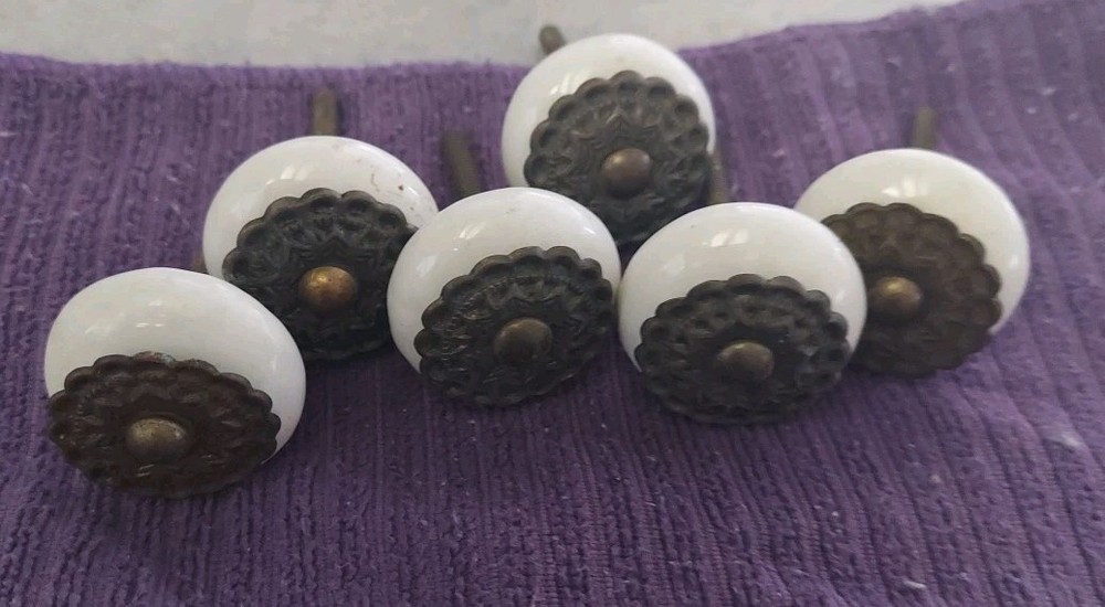 6 Ceramic And Metal KNOBS Round DRAWER PULLS HANDLE White Bronze Hobby Lobby