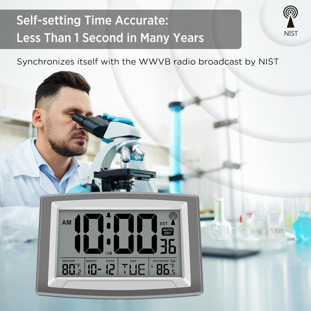 Atomic Wall Clock with Indoor/Outdoor Temperature Display