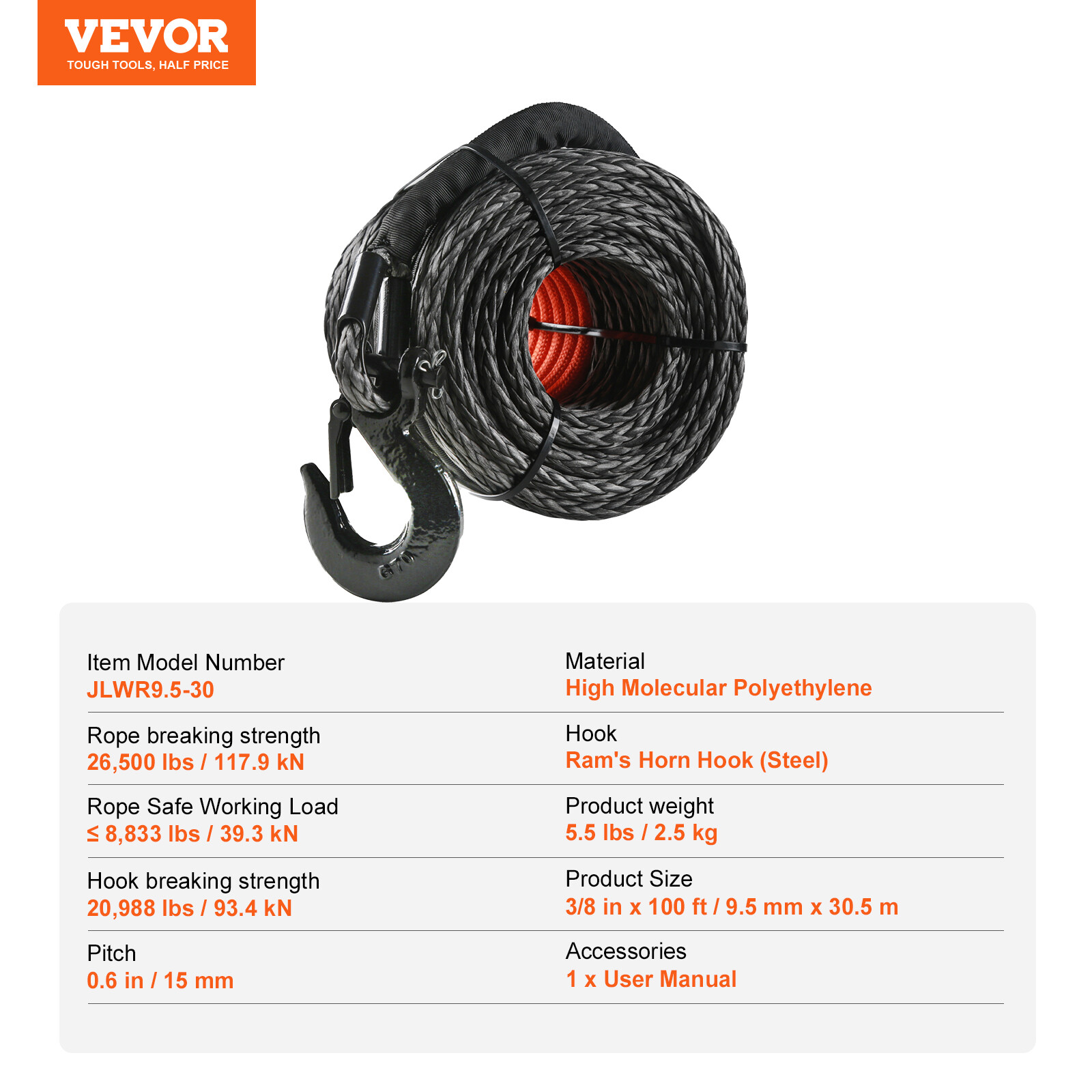 VEVOR Synthetic Winch Rope Winch Line Cable 3/8" x 100' 26500 lbs for SUV Truck