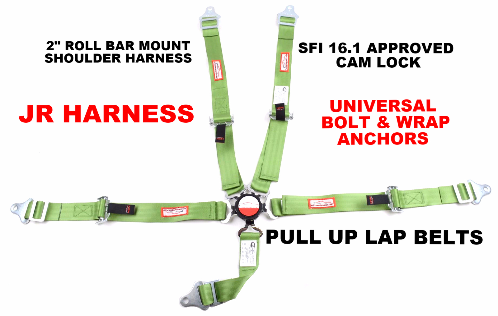 QUARTER MIDGET HARNESS SFI 16.1 5 POINT CAM LOCK ROLL BAR MOUNT BELT LIME GREEN