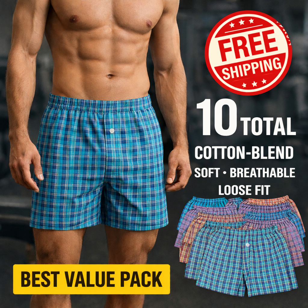 Men’s Cotton-Blend Boxer Shorts Value 10 Pack | Soft Breathable Comfy Loose Fit