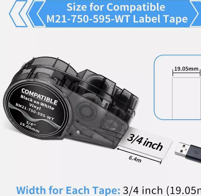 For BMP21 Label Cartridge M21-750-595-WT Black/White Vinyl 3/4" x21'