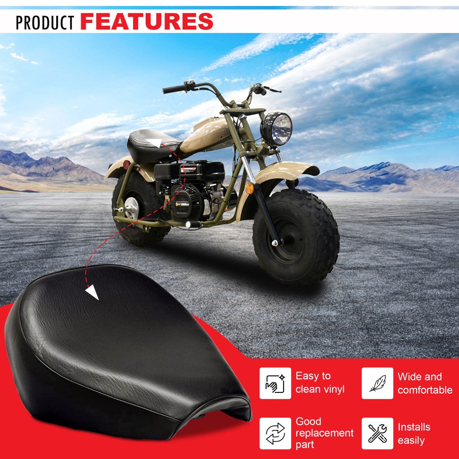 Black Seat for Baja Mini Bike MB165 & MB200, Massimo MB200 196cc 6.5HP Mini Bike