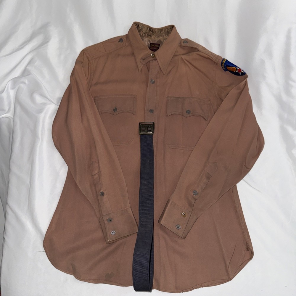 Original WWII USAAF Khaki Long Sleeve Shirt + Belt Training Command Patch VTG