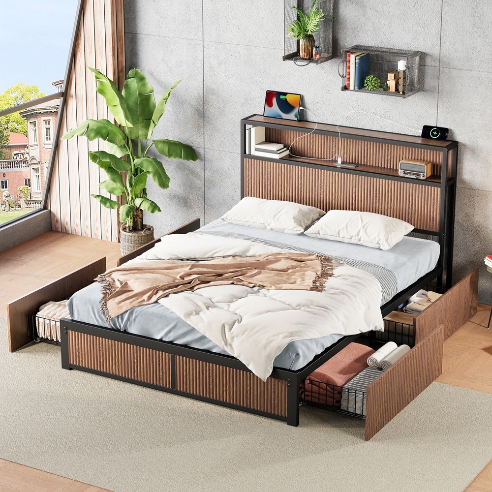 Queen Size Platform Bed Frame with 4 Drawers & Storage Headboard & USB Ports