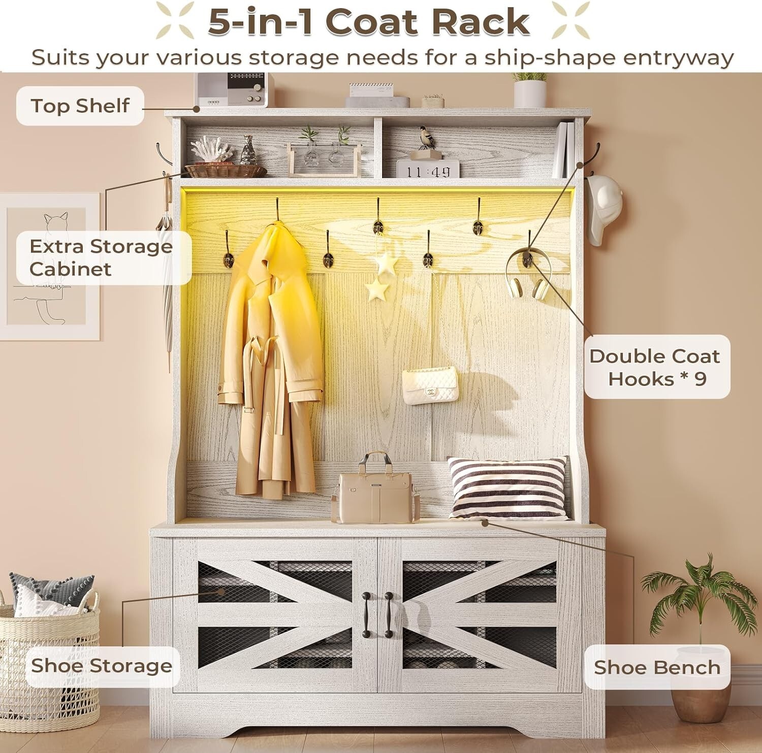 Hall Tree with Bench and Shoe Storage, 5-in-1 Entryway Bench with Coat Rack