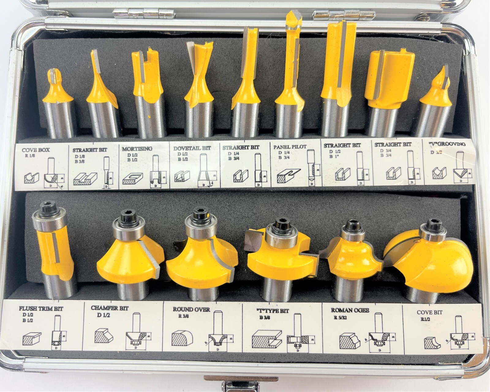 15 Piece EDM ROUTER BIT SET - 1/2" Shank Tungsten Carbide Edges in Aluminum Case