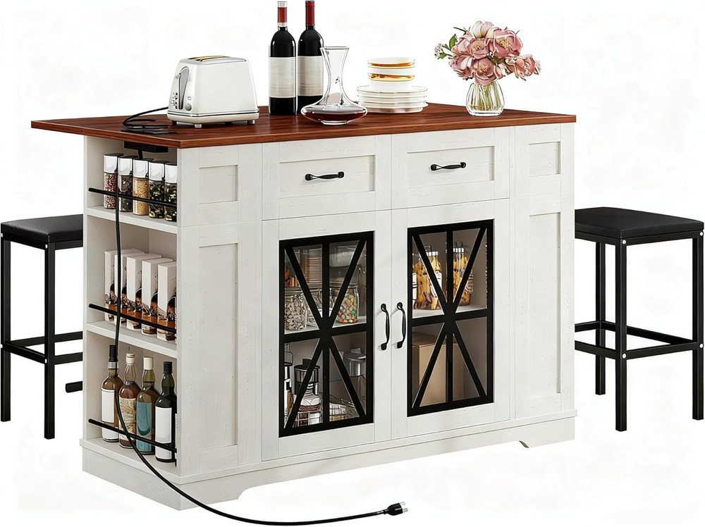 Walnut Kitchen Island Cart with Drop Leaf, Stools & Power Outlet - 3 PCS Set