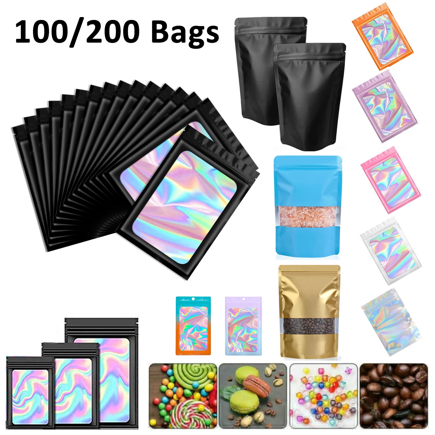 100/200Pcs Holographic Mylar Foil Bags Smell Proof Resealable Zip Seal Pouches