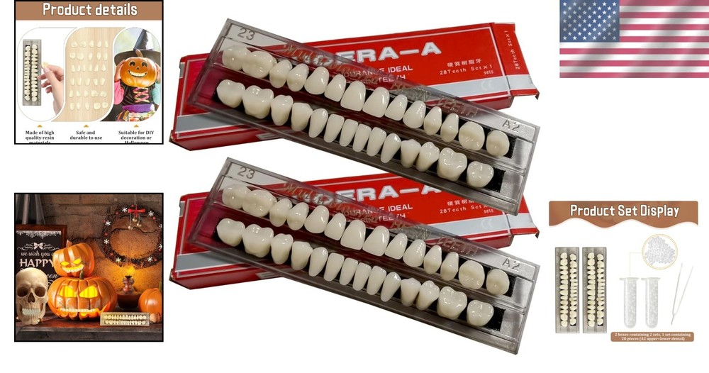 Complete 56 Pcs A2 False Teeth - Durable Acrylic for Learning & Halloween Props