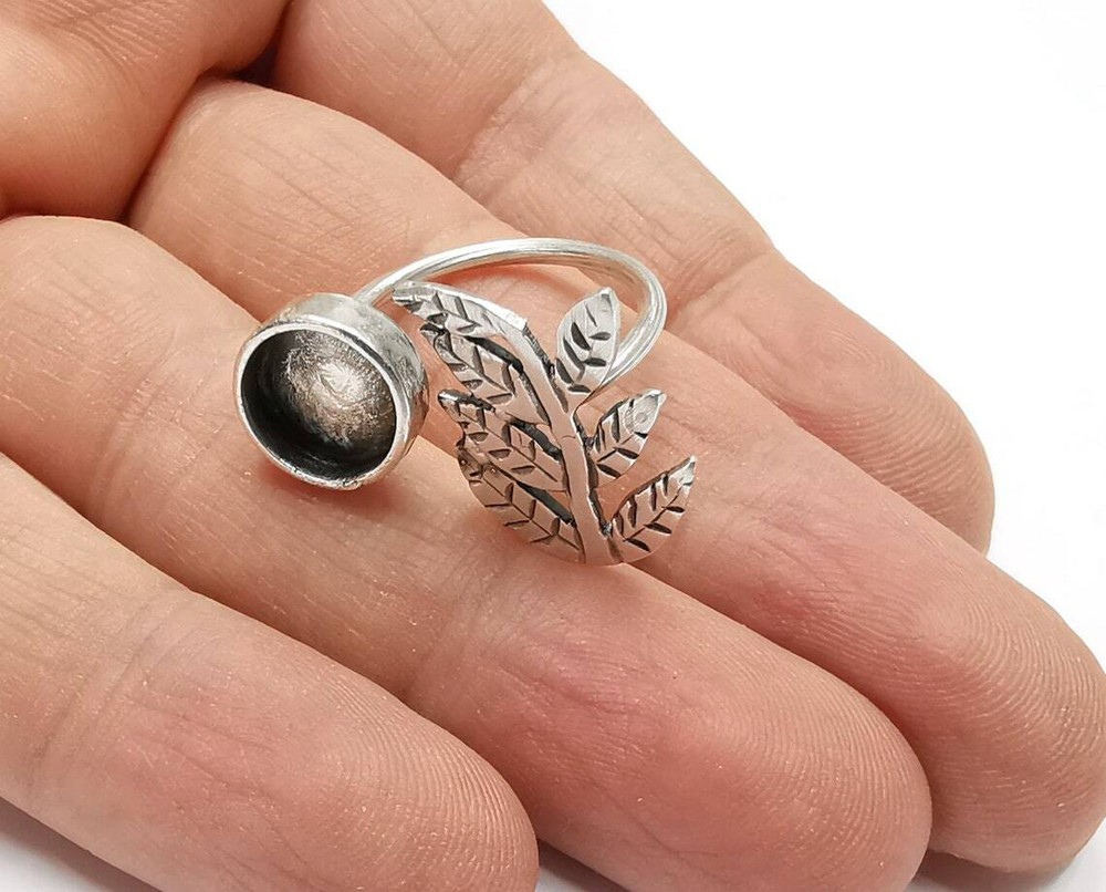 Leaf Branch Silver Ring Setting Blank Cabochon Mounting Adjustable Brass G26866