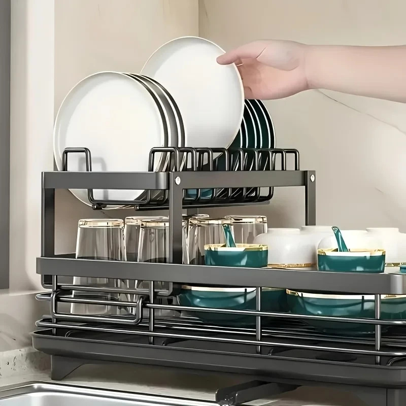 2 Tier Dish Drying Rack Kitchen Drainer Cup Holder Counter Organizer