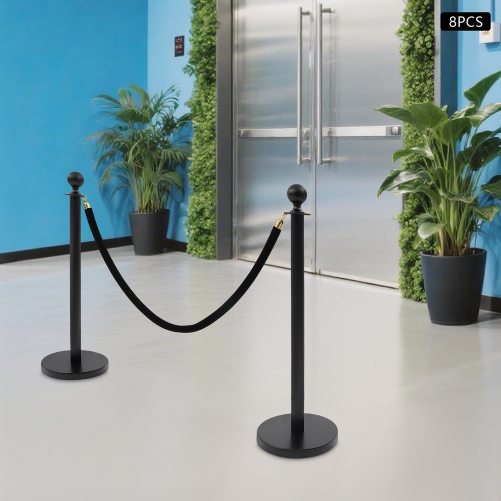 8 PCS Black Stanchion Posts Queue Pole with 4 1.5M Ropes Crowd Control Barrier