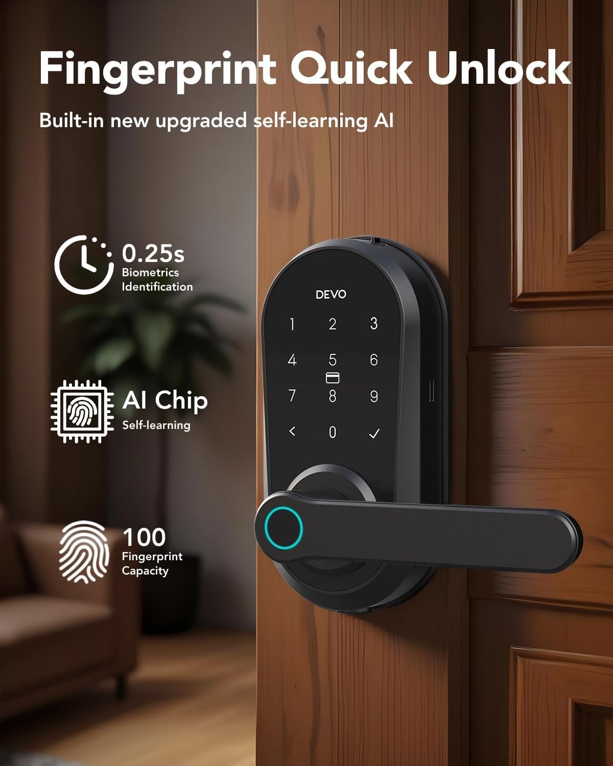 Devo Smart Door Lock with Handle for Front Door Smart Deadbolt Fingerprint Wi-Fi