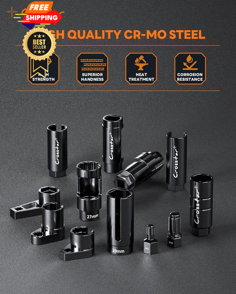 Crosstar 12Pcs Professional O2 Sensor Socket & Thread Chaser Set | Black