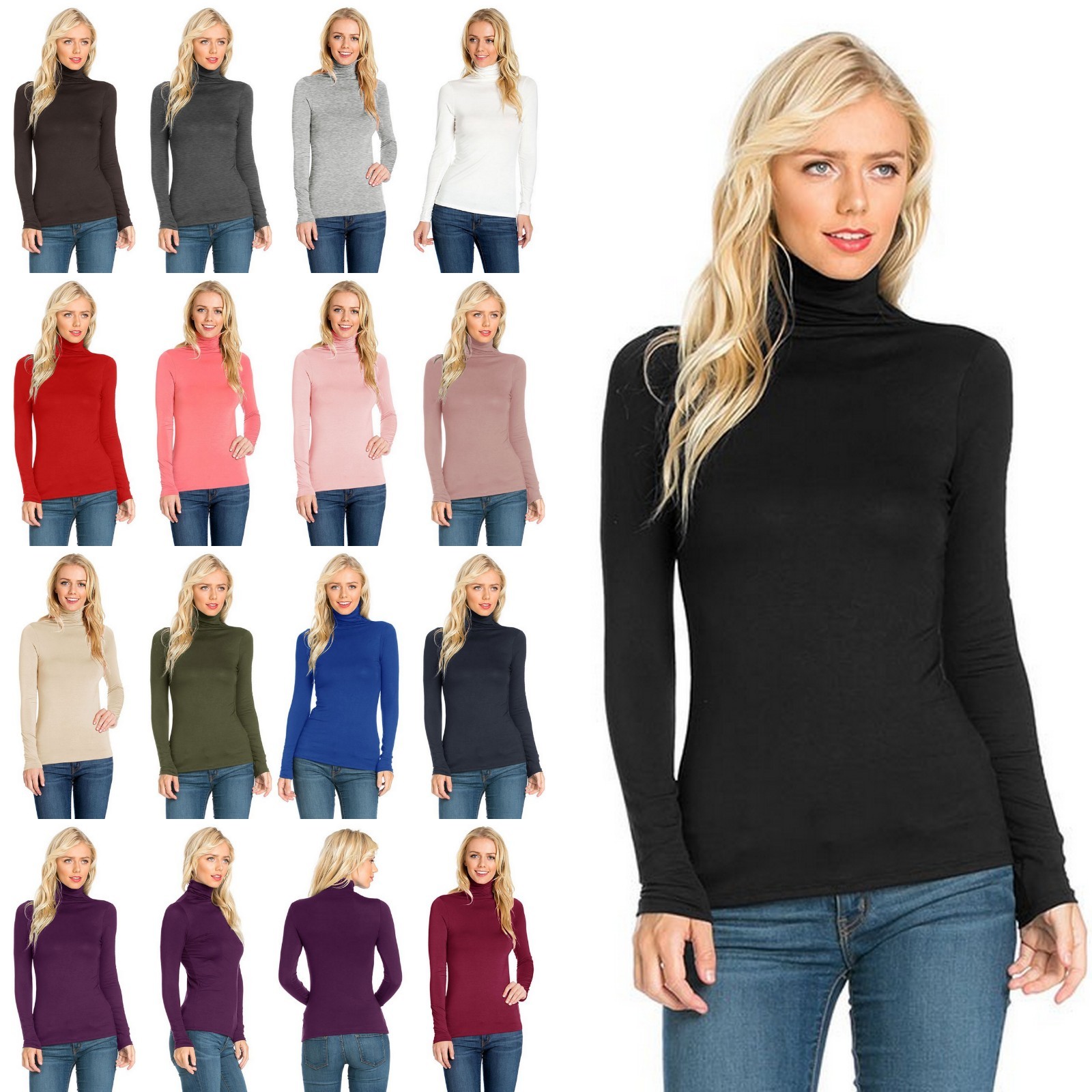 Women's Mock Turtle Neck Rayon Long Sleeve Top Soft Stretch Classic Fitted Shirt