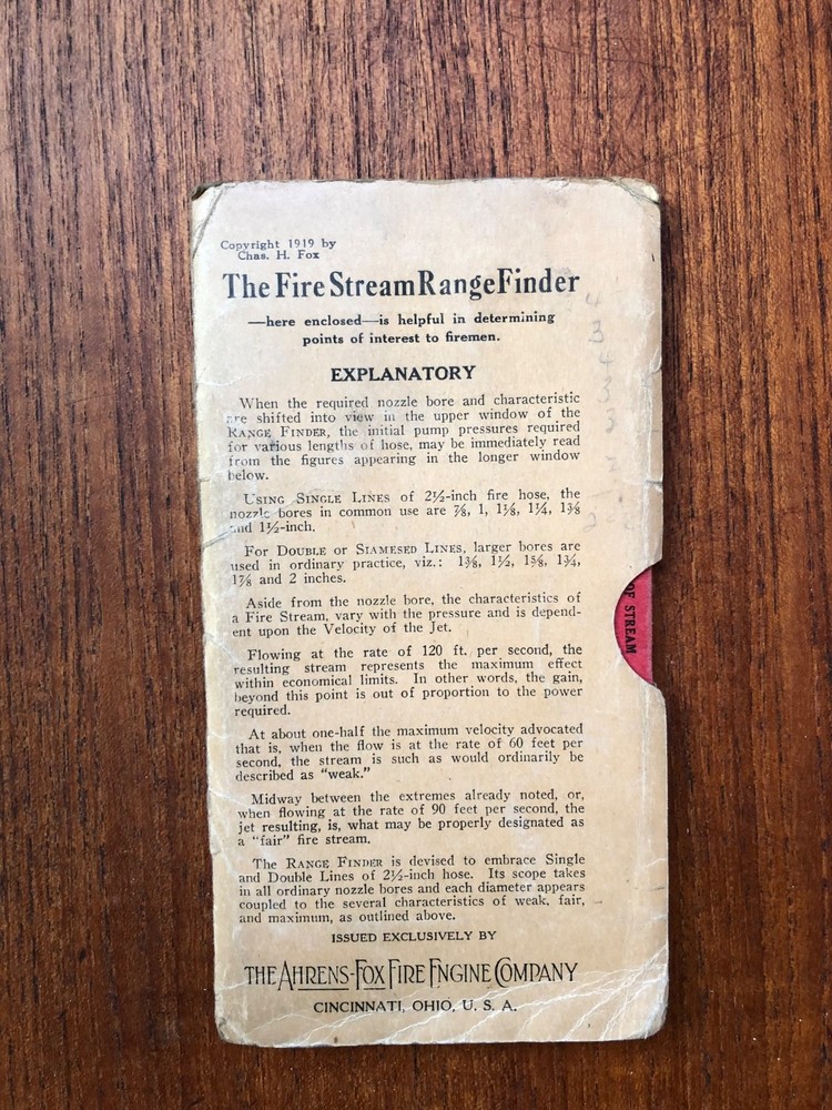 Ahrens Fox Fire Engine Company Fire Stream Range Finder 1919