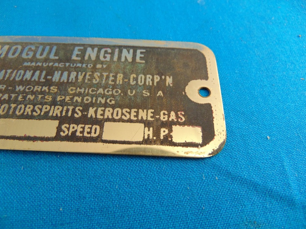 IHC Mogul Engine Brass Data Plate Repro Unstamped Antique Engine