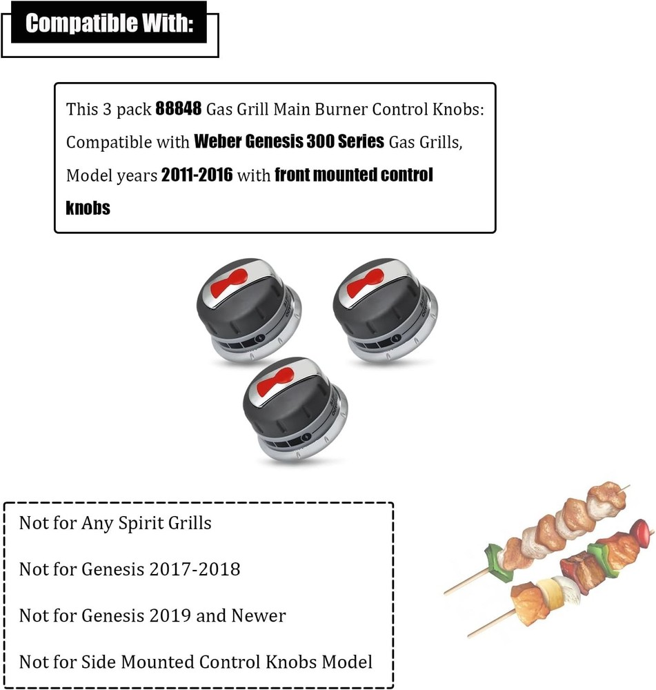 3PCS Gas Grill Burner Knobs Compatible with Weber Genesis 300 Series (2011-2016)
