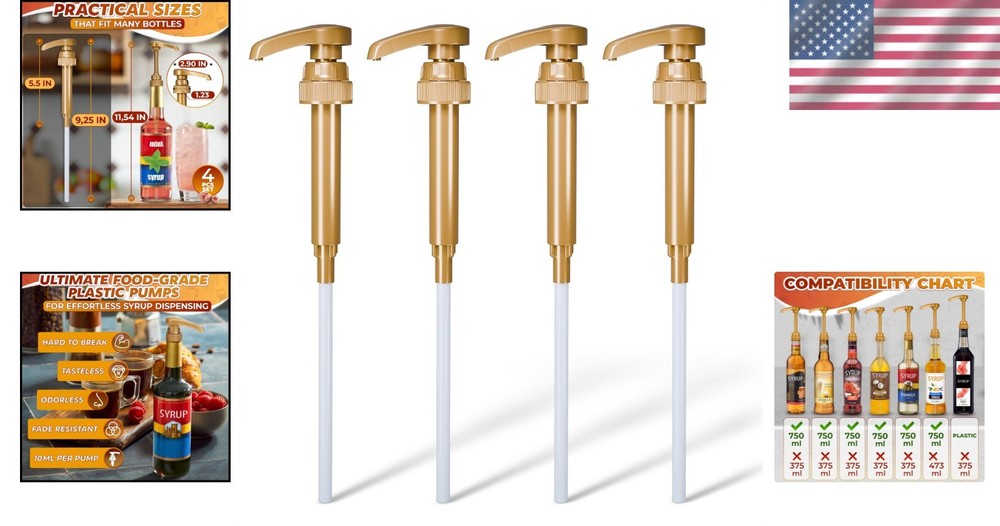 4 Pcs Gold Coffee Syrup Pump Dispenser Set - Precise 0.3oz Lockable Design