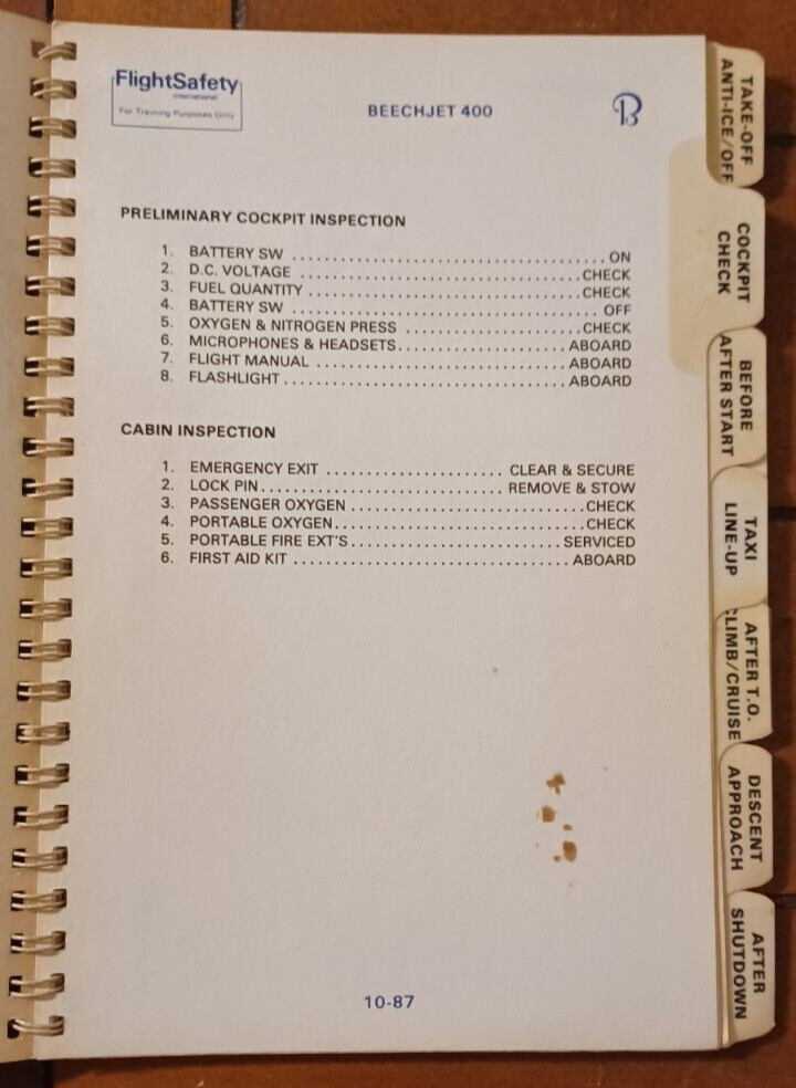 Beechjet 400 flight safety training manual, Pilots checklist, Emergency & Normal
