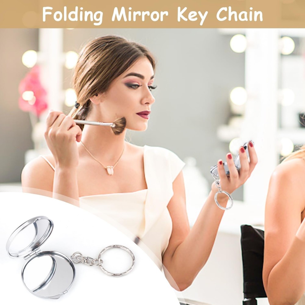 6 Pcs Round Mirror Keychain Compact Mirror Double Sided Folding Mirror Key Ch...