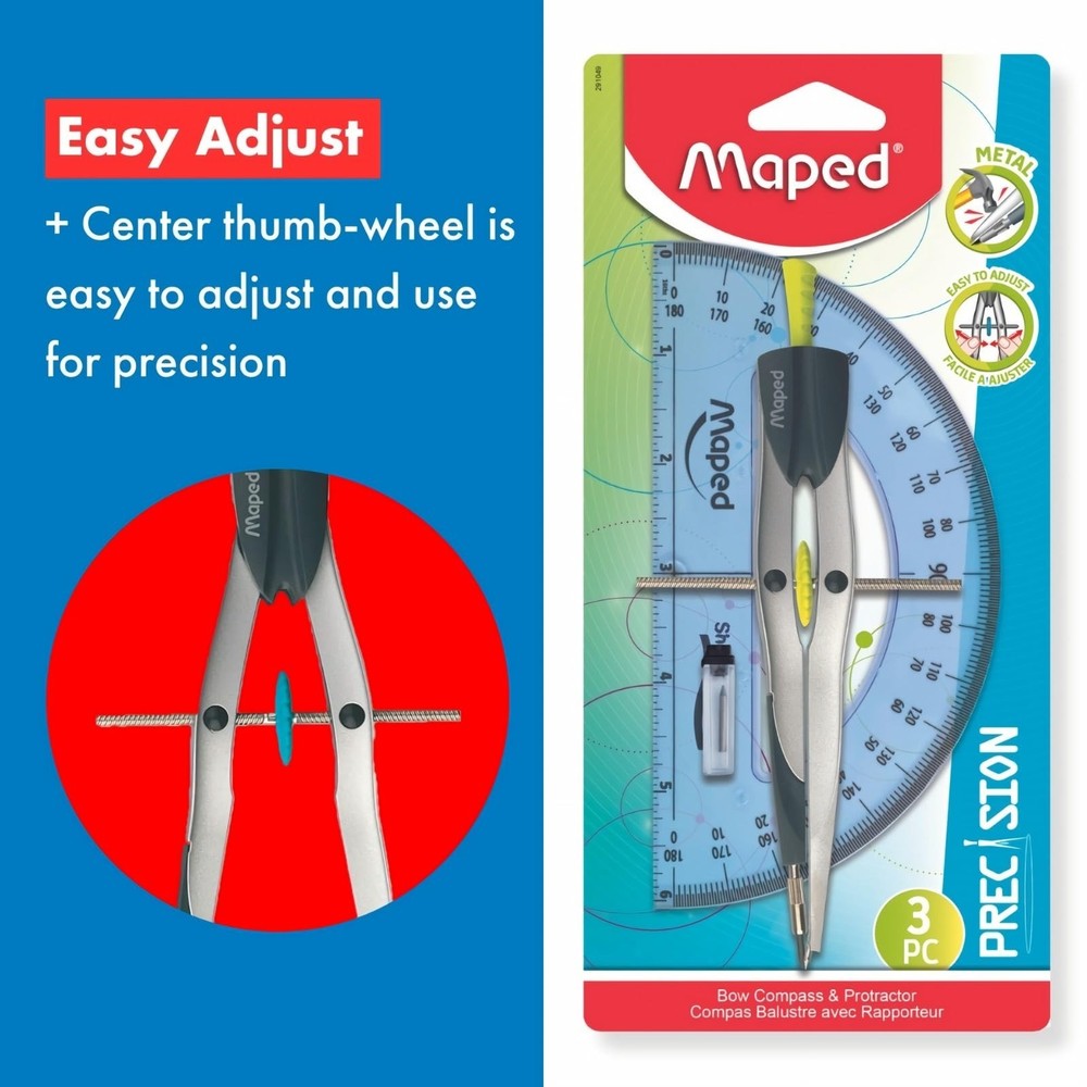 Maped - Precision Metal Bow Compass & Protractor, 3 Piece Set - Older Student...