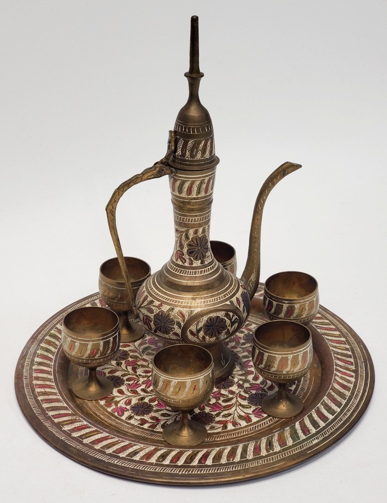 Vintage 6 pc Middle Eastern Turkish style solid brass coffee or tea pitcher cups