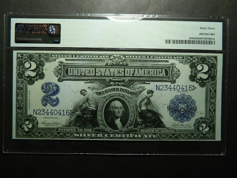 FR-256 1899 $2.00 SILVER CERTIFICATE PMG 63, Minor Misalignment Error