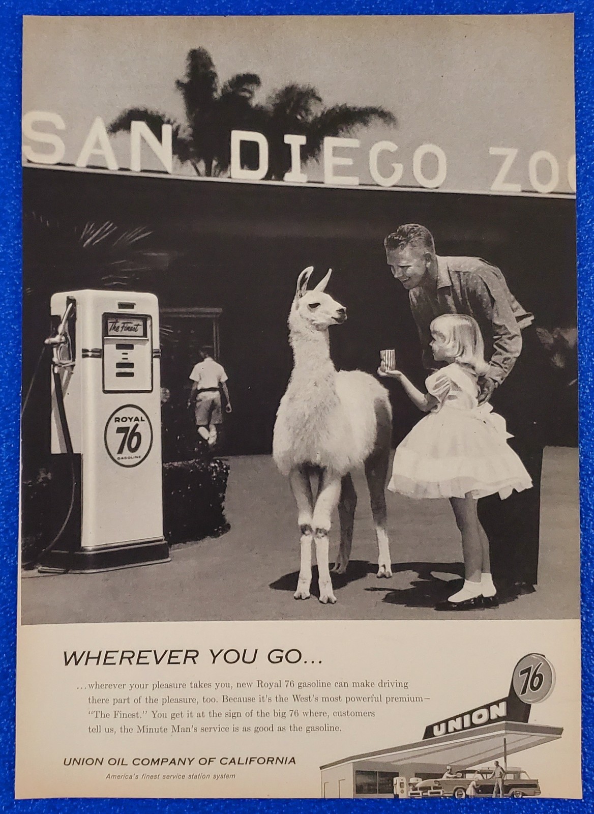 1957 UNION 76 OIL COMPANY SERVICE STATION ORIGINAL PRINT AD SAN DIEGO ZOO
