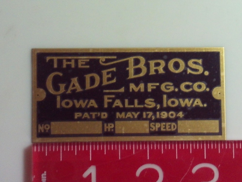 Gade Bros. Engine name tag Reproduction Nameplate